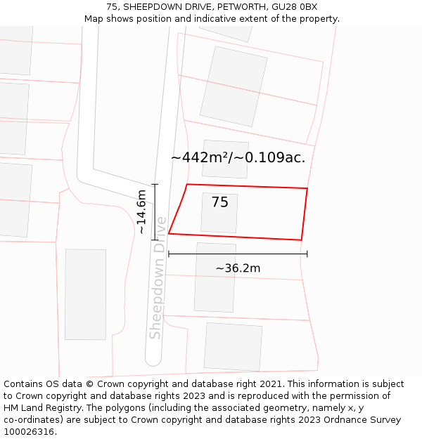 75, SHEEPDOWN DRIVE, PETWORTH, GU28 0BX: Plot and title map