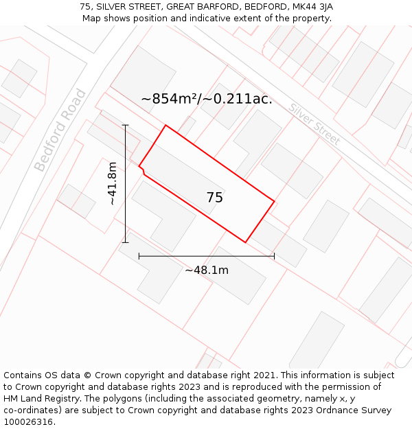 75, SILVER STREET, GREAT BARFORD, BEDFORD, MK44 3JA: Plot and title map