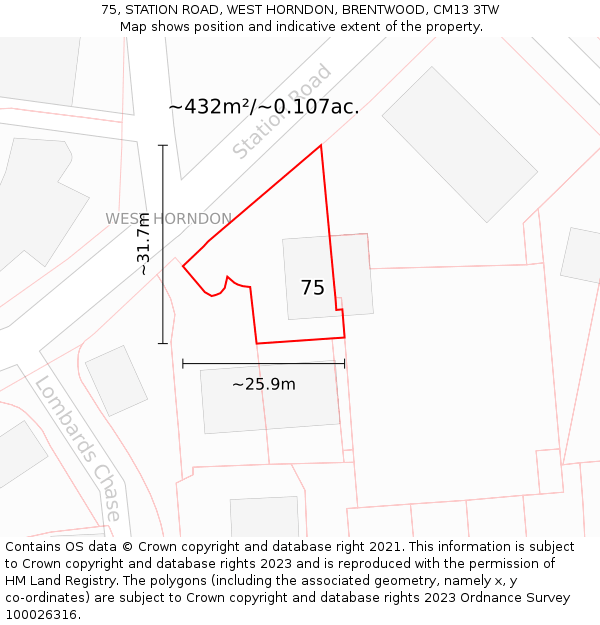 75, STATION ROAD, WEST HORNDON, BRENTWOOD, CM13 3TW: Plot and title map