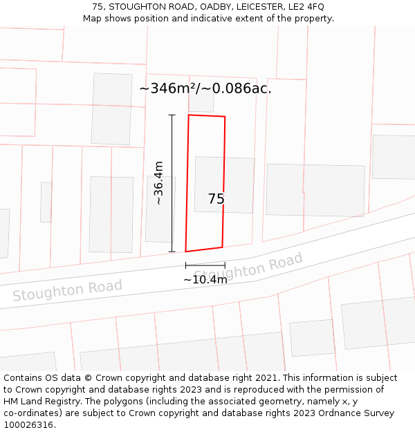 75, STOUGHTON ROAD, OADBY, LEICESTER, LE2 4FQ: Plot and title map