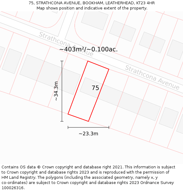 75, STRATHCONA AVENUE, BOOKHAM, LEATHERHEAD, KT23 4HR: Plot and title map