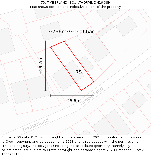 75, TIMBERLAND, SCUNTHORPE, DN16 3SH: Plot and title map