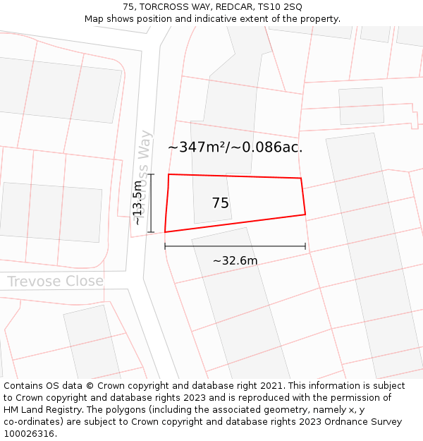 75, TORCROSS WAY, REDCAR, TS10 2SQ: Plot and title map