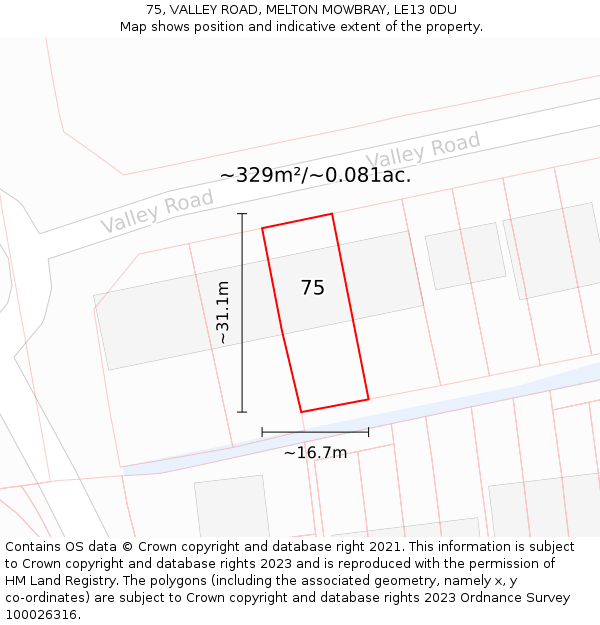 75, VALLEY ROAD, MELTON MOWBRAY, LE13 0DU: Plot and title map