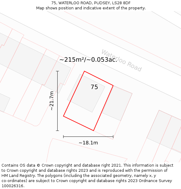 75, WATERLOO ROAD, PUDSEY, LS28 8DF: Plot and title map