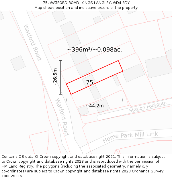 75, WATFORD ROAD, KINGS LANGLEY, WD4 8DY: Plot and title map