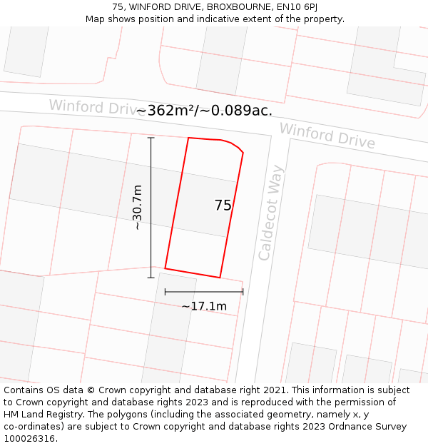 75, WINFORD DRIVE, BROXBOURNE, EN10 6PJ: Plot and title map