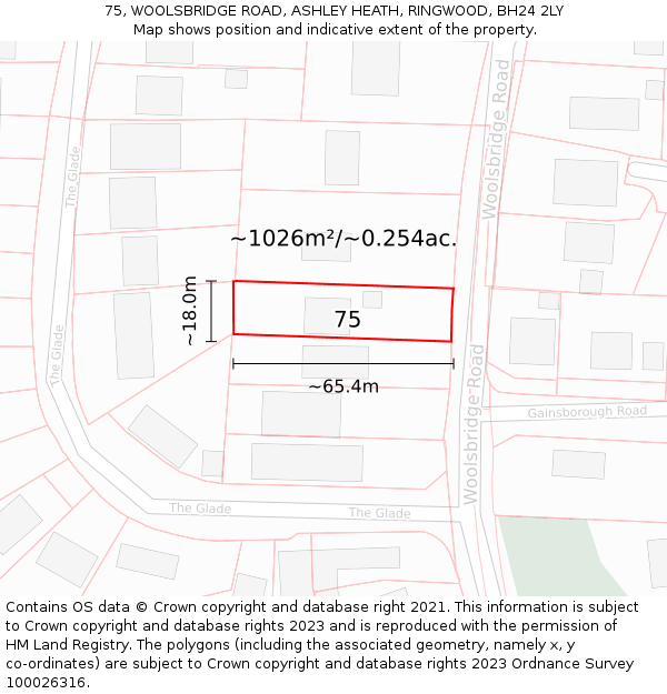 75, WOOLSBRIDGE ROAD, ASHLEY HEATH, RINGWOOD, BH24 2LY: Plot and title map