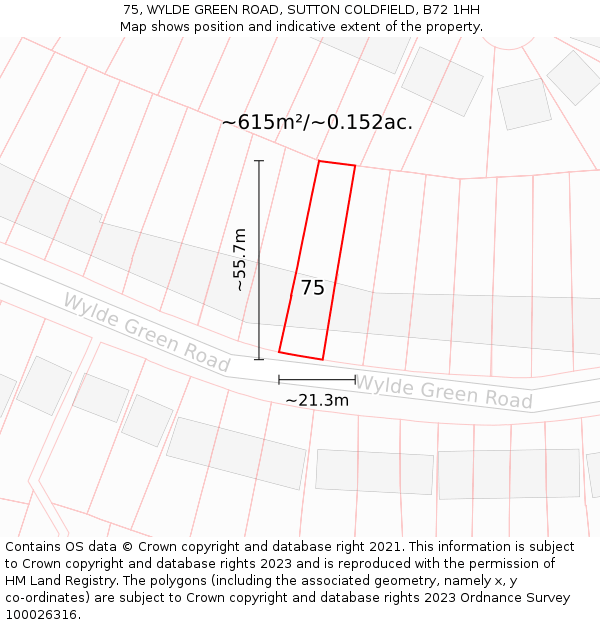 75, WYLDE GREEN ROAD, SUTTON COLDFIELD, B72 1HH: Plot and title map