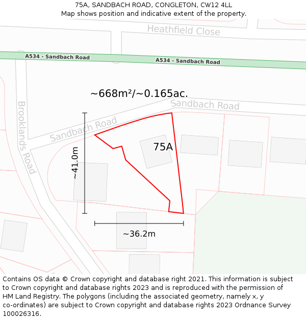 75A, SANDBACH ROAD, CONGLETON, CW12 4LL: Plot and title map
