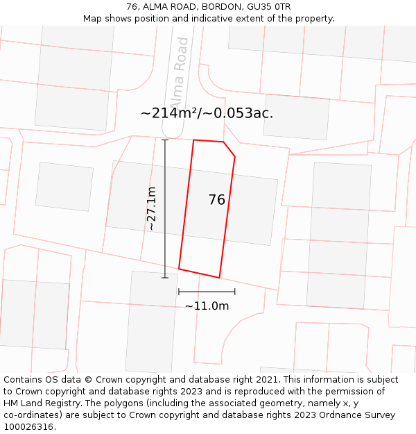 76, ALMA ROAD, BORDON, GU35 0TR: Plot and title map