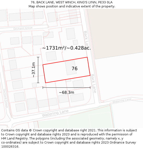 76, BACK LANE, WEST WINCH, KING'S LYNN, PE33 0LA: Plot and title map