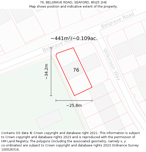 76, BELGRAVE ROAD, SEAFORD, BN25 2HE: Plot and title map