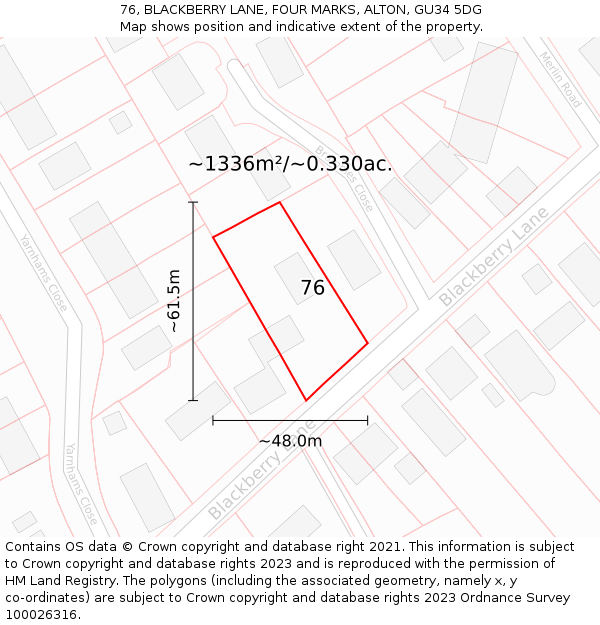 76, BLACKBERRY LANE, FOUR MARKS, ALTON, GU34 5DG: Plot and title map