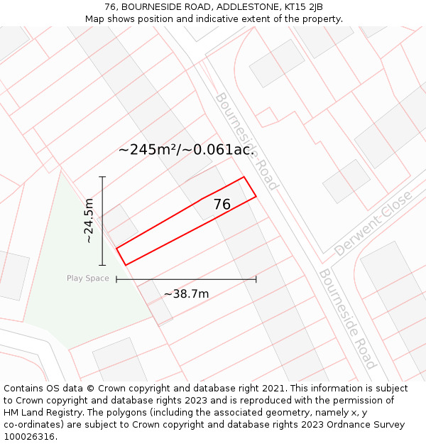 76, BOURNESIDE ROAD, ADDLESTONE, KT15 2JB: Plot and title map