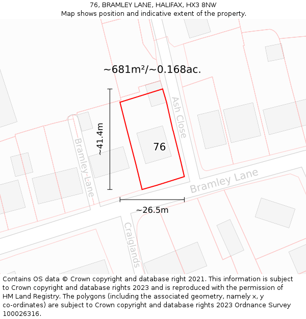 76, BRAMLEY LANE, HALIFAX, HX3 8NW: Plot and title map