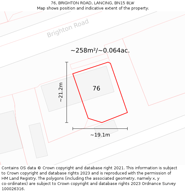 76, BRIGHTON ROAD, LANCING, BN15 8LW: Plot and title map