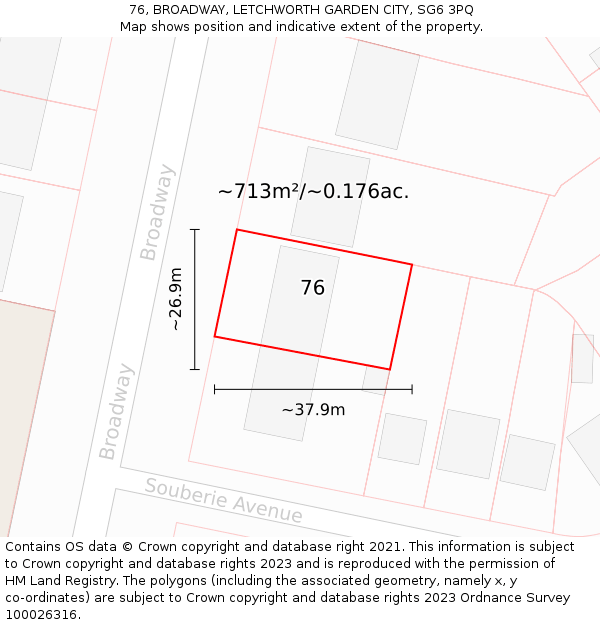 76, BROADWAY, LETCHWORTH GARDEN CITY, SG6 3PQ: Plot and title map