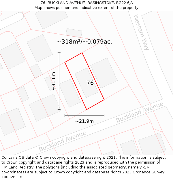 76, BUCKLAND AVENUE, BASINGSTOKE, RG22 6JA: Plot and title map