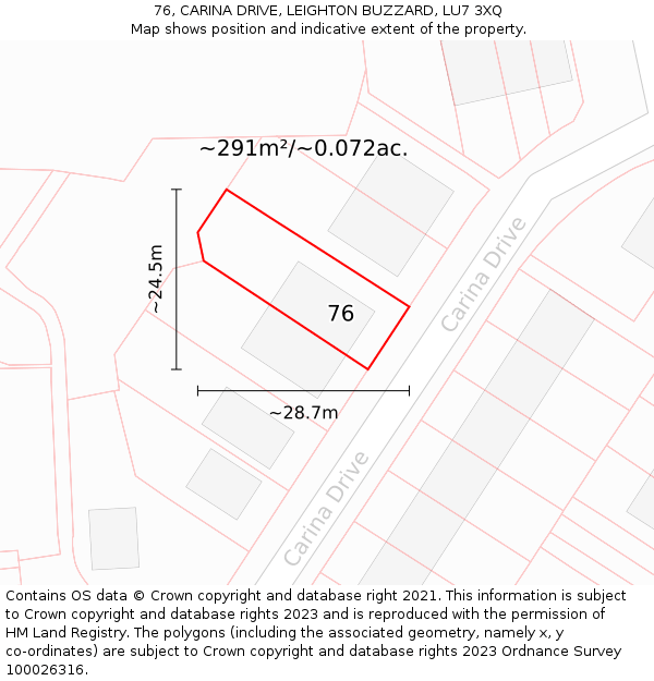 76, CARINA DRIVE, LEIGHTON BUZZARD, LU7 3XQ: Plot and title map