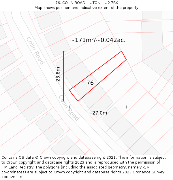 76, COLIN ROAD, LUTON, LU2 7RX: Plot and title map