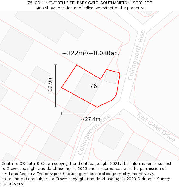 76, COLLINGWORTH RISE, PARK GATE, SOUTHAMPTON, SO31 1DB: Plot and title map