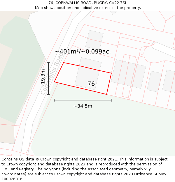 76, CORNWALLIS ROAD, RUGBY, CV22 7SL: Plot and title map