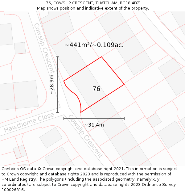 76, COWSLIP CRESCENT, THATCHAM, RG18 4BZ: Plot and title map