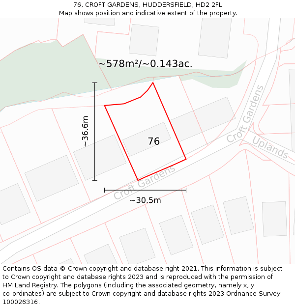 76, CROFT GARDENS, HUDDERSFIELD, HD2 2FL: Plot and title map