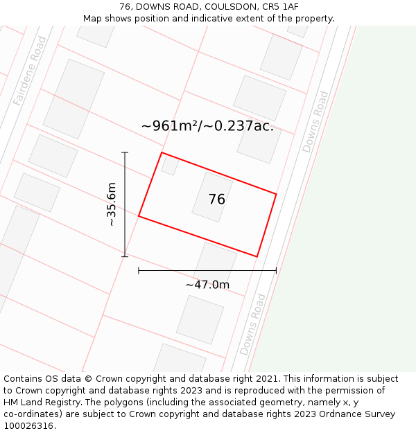 76, DOWNS ROAD, COULSDON, CR5 1AF: Plot and title map