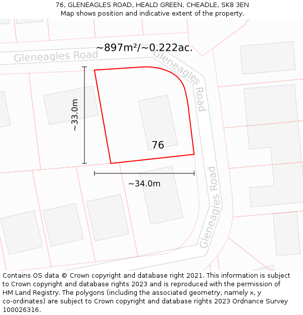 76, GLENEAGLES ROAD, HEALD GREEN, CHEADLE, SK8 3EN: Plot and title map