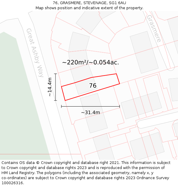 76, GRASMERE, STEVENAGE, SG1 6AU: Plot and title map