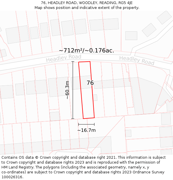 76, HEADLEY ROAD, WOODLEY, READING, RG5 4JE: Plot and title map