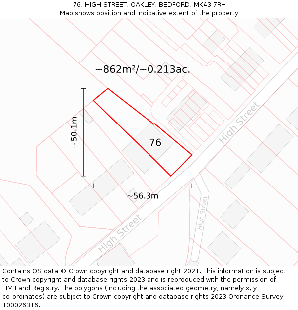 76, HIGH STREET, OAKLEY, BEDFORD, MK43 7RH: Plot and title map