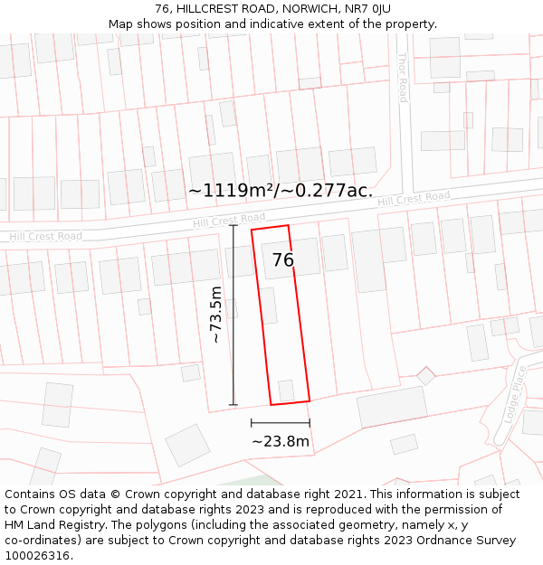76, HILLCREST ROAD, NORWICH, NR7 0JU: Plot and title map