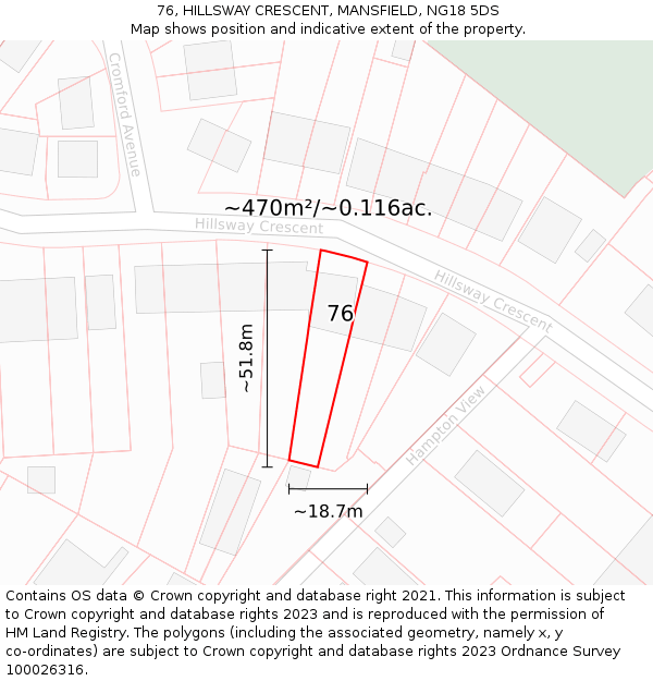 76, HILLSWAY CRESCENT, MANSFIELD, NG18 5DS: Plot and title map