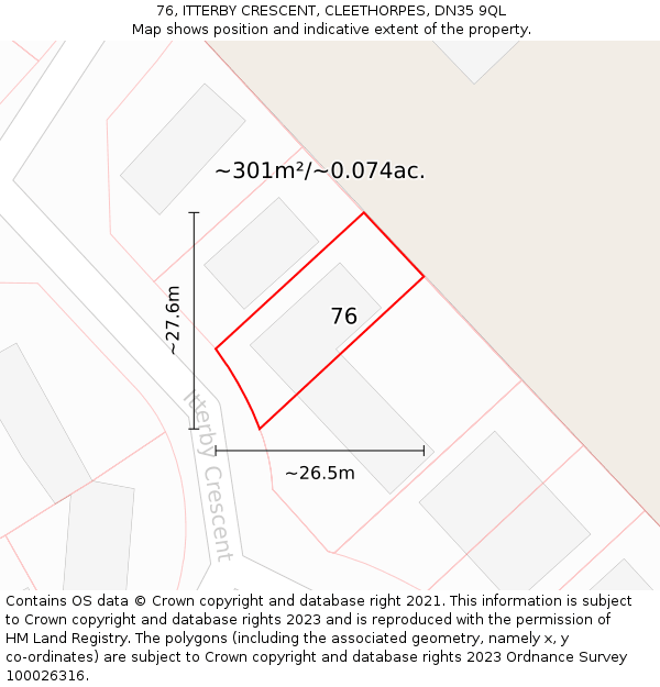 76, ITTERBY CRESCENT, CLEETHORPES, DN35 9QL: Plot and title map