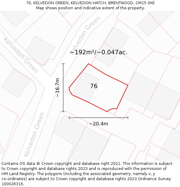 76, KELVEDON GREEN, KELVEDON HATCH, BRENTWOOD, CM15 0XE: Plot and title map