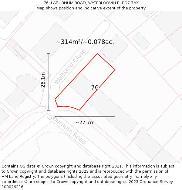 76, LABURNUM ROAD, WATERLOOVILLE, PO7 7AX: Plot and title map