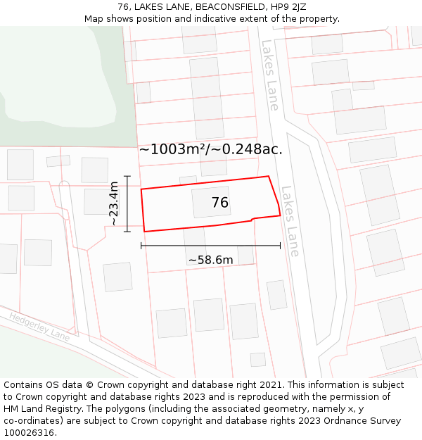 76, LAKES LANE, BEACONSFIELD, HP9 2JZ: Plot and title map