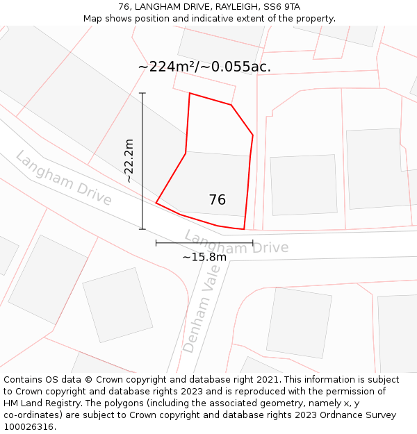 76, LANGHAM DRIVE, RAYLEIGH, SS6 9TA: Plot and title map