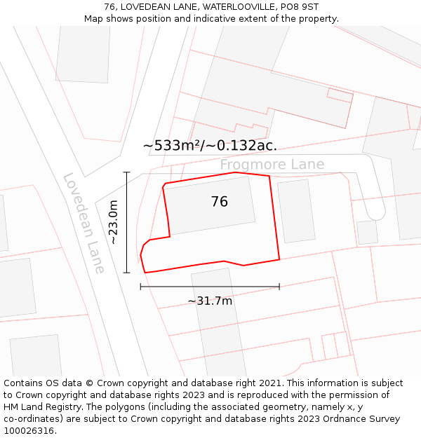 76, LOVEDEAN LANE, WATERLOOVILLE, PO8 9ST: Plot and title map