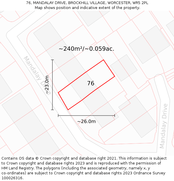 76, MANDALAY DRIVE, BROCKHILL VILLAGE, WORCESTER, WR5 2PL: Plot and title map