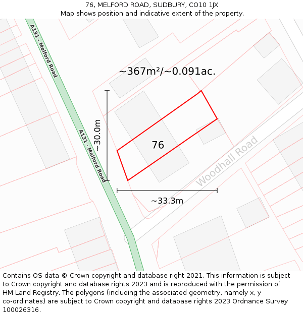 76, MELFORD ROAD, SUDBURY, CO10 1JX: Plot and title map