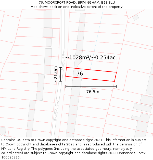 76, MOORCROFT ROAD, BIRMINGHAM, B13 8LU: Plot and title map