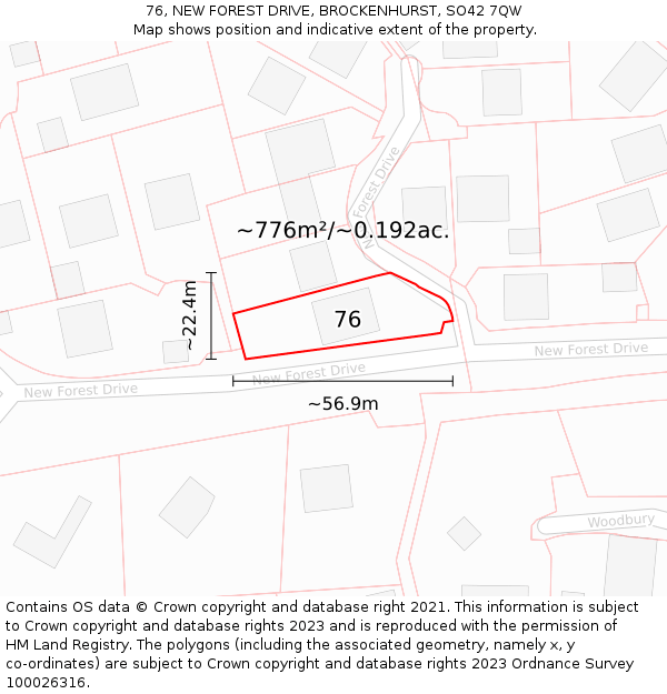 76, NEW FOREST DRIVE, BROCKENHURST, SO42 7QW: Plot and title map