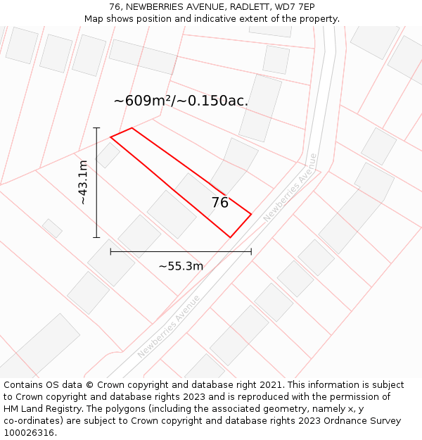 76, NEWBERRIES AVENUE, RADLETT, WD7 7EP: Plot and title map