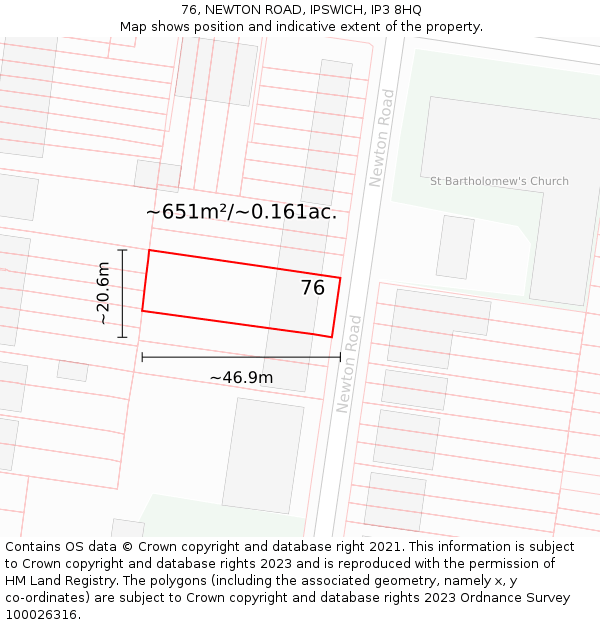 76, NEWTON ROAD, IPSWICH, IP3 8HQ: Plot and title map