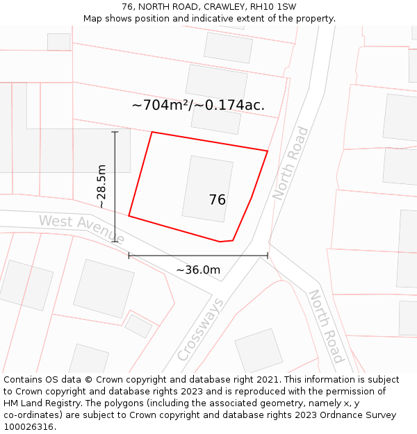 76, NORTH ROAD, CRAWLEY, RH10 1SW: Plot and title map