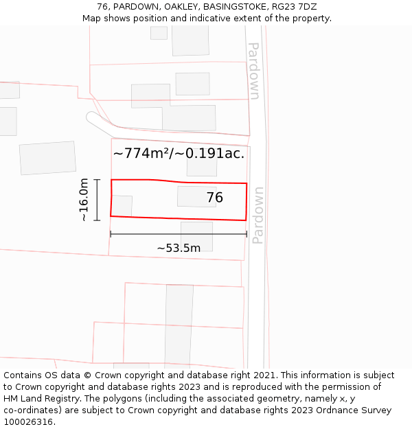 76, PARDOWN, OAKLEY, BASINGSTOKE, RG23 7DZ: Plot and title map